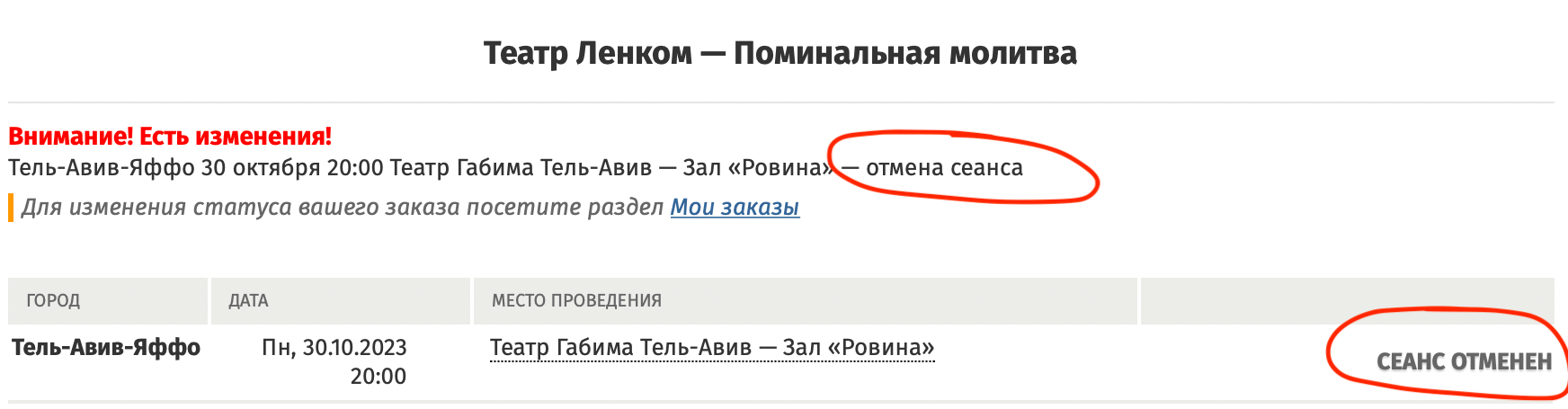 Сообщение об отмене гастролей «Ленкома»