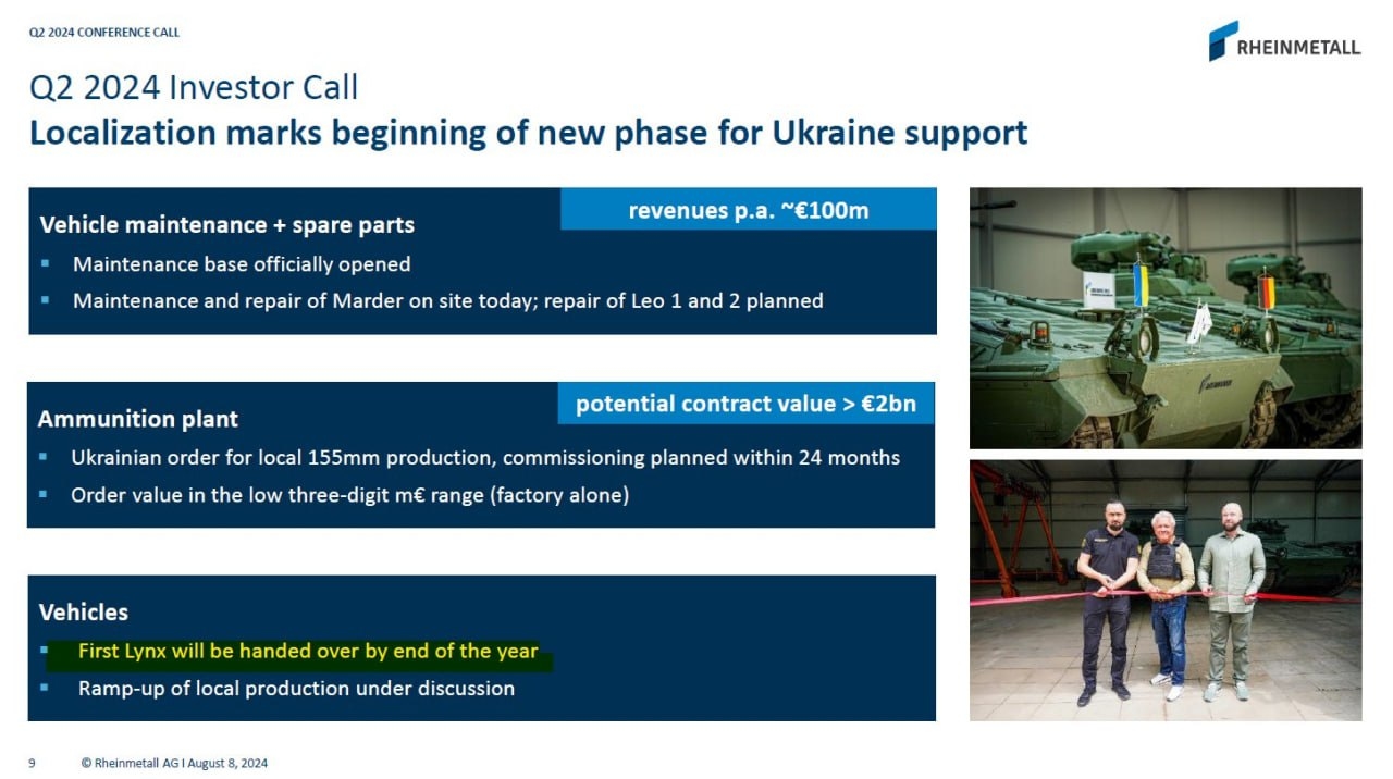 Обзор украинских проектов Rheinmetall в презентации для инвесторов с упоминанием поставки БМП Lynx