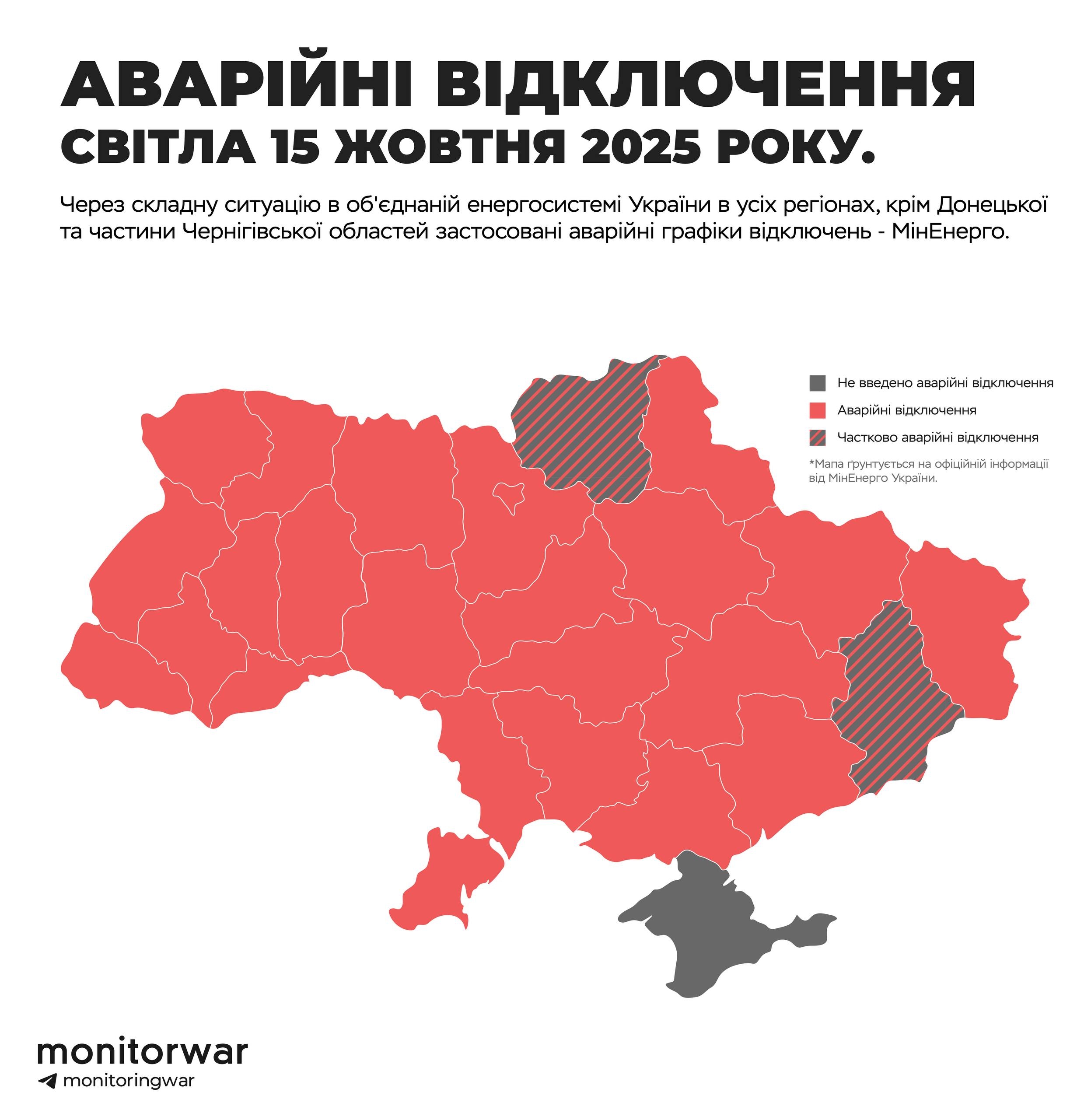 Аварийные отключения электроснабжения в Украине 15 октября 2025 года